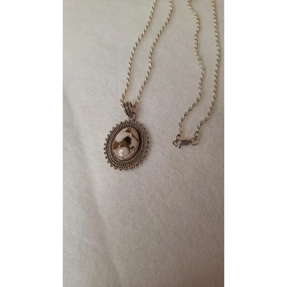 Peanut Wood Jasper Stone & 925 Pendant With Sterling Silver Rope Chain 18" - Picture 2 of 6